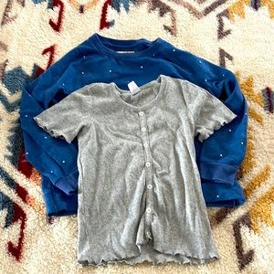 Sweatshirt heart top and ribbed gray top with decorative buttons.